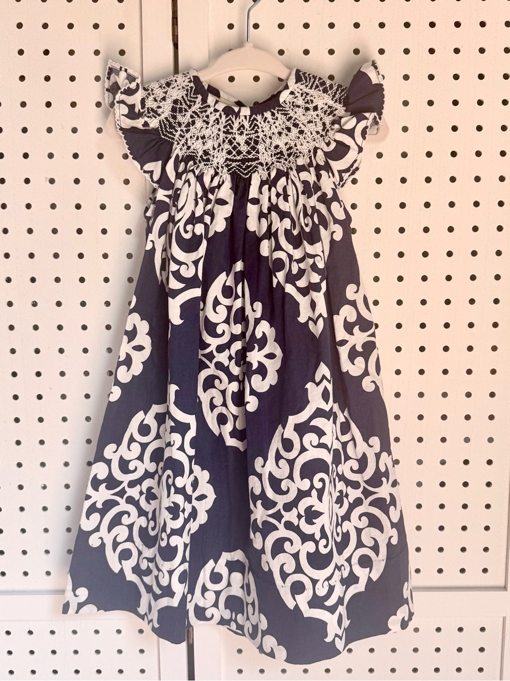 Le’ Za Me Hand-Smocked Navy Damask Bishop Dress 24M